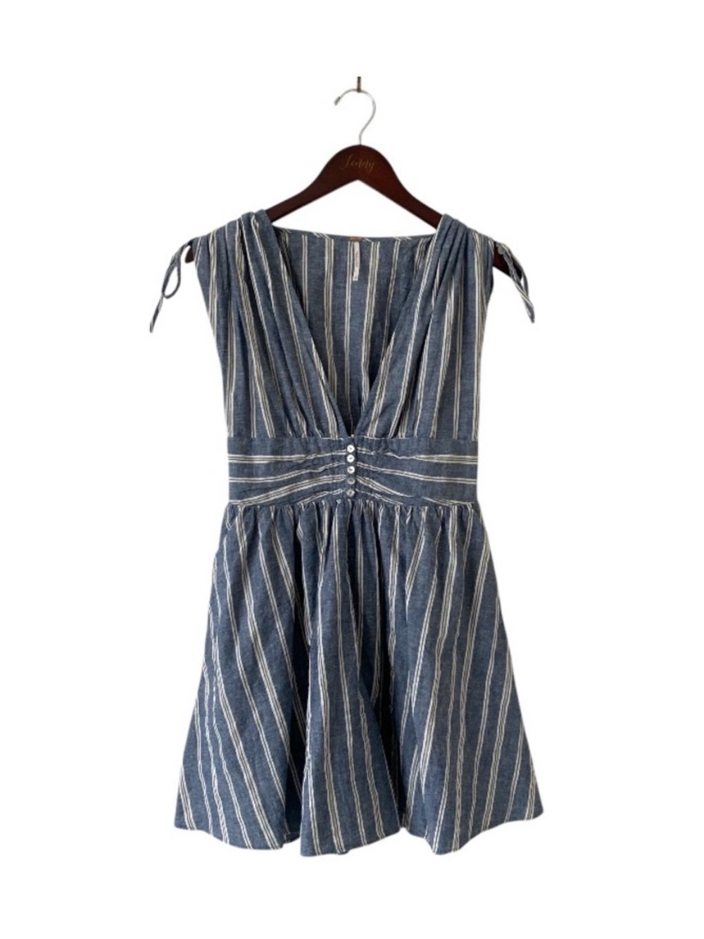 Free People Blue Striped V-Neck Tie-Shoulder Mini Dress